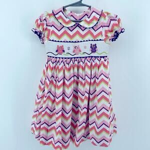 Marnellata chevron print smocked owl embroidered short sleeve Rick rack dress 5